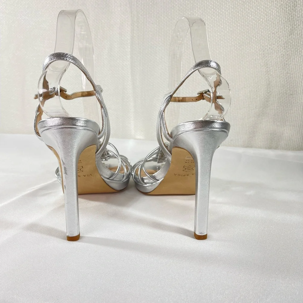 Via Spiga Womens Malka High Heel Ankle Strap Sandal Metallic Silver Size…